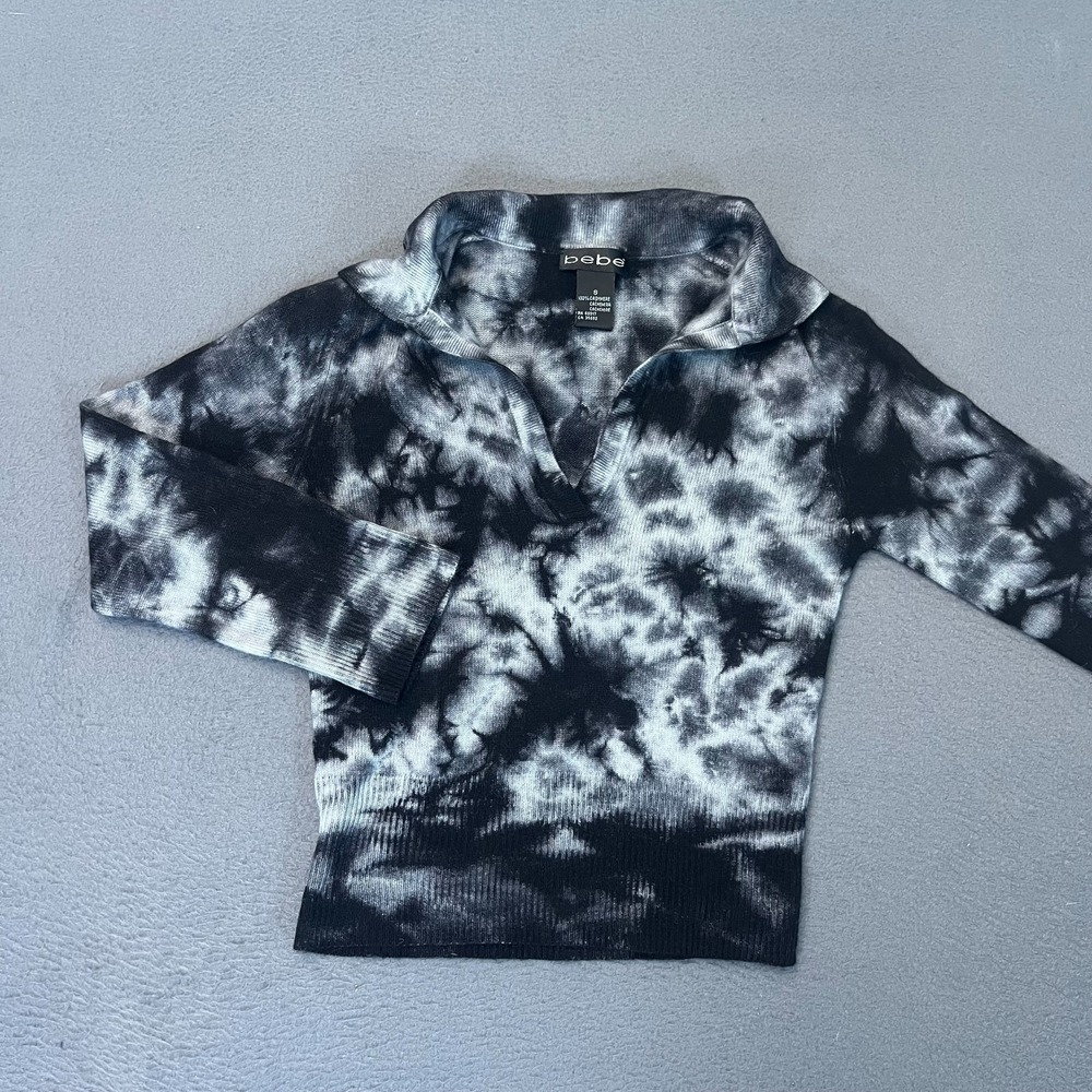 Bebe‎ Womens Small Black Tye Dye Collared Knit Top 100% Cashmere Slim VTG Y2K